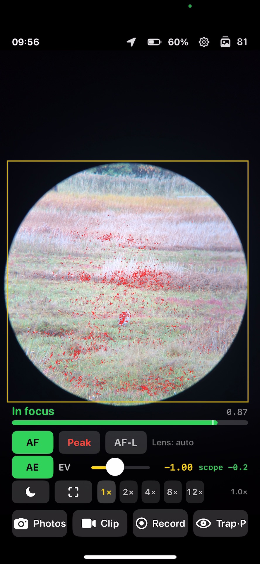 Torimado with Peak enabled, marking sharp edges in red inside the eyepiece view.